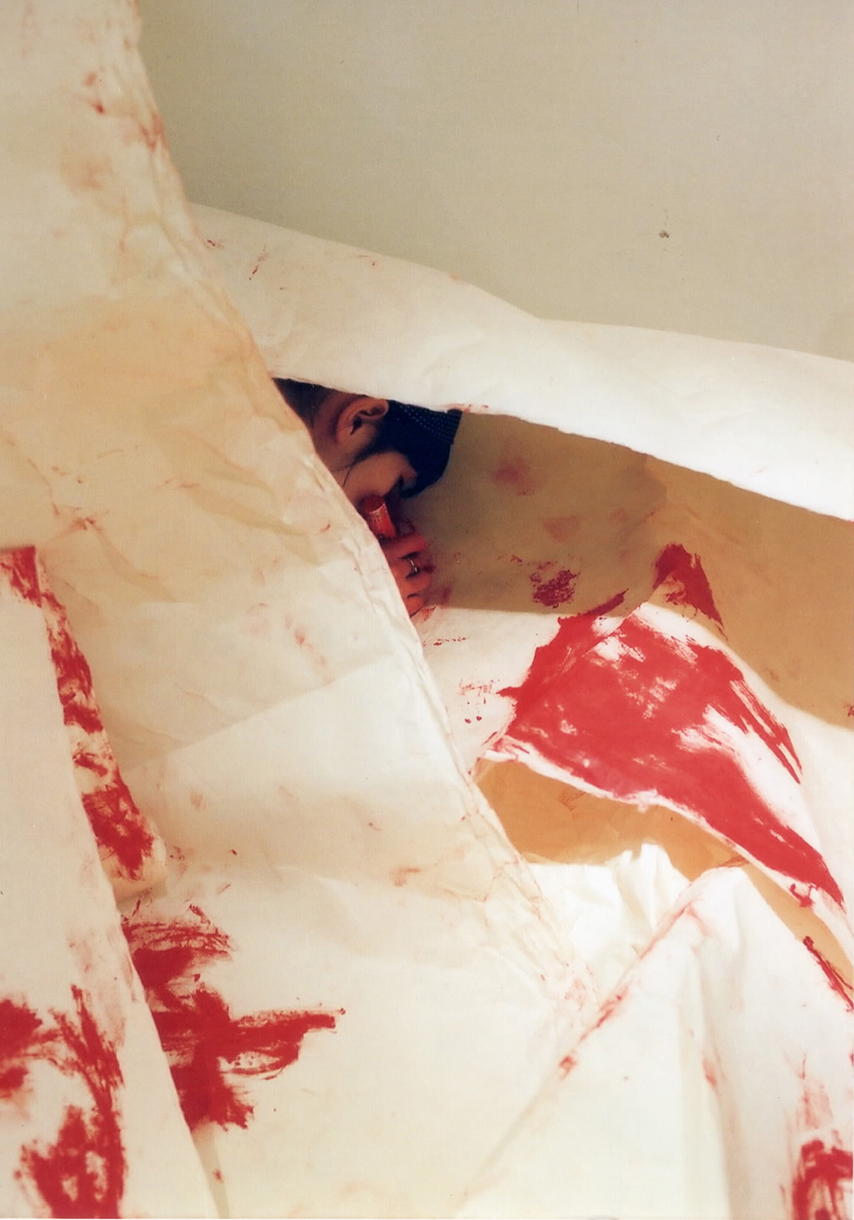 in the picture / out of the picture　絵のなか / 絵のそと 制作年：2003年／展示場所：Space Kobo&Tomo（東京）／作品サイズ：435×287×270cm（会場サイズ）／素材：紙、オイルスティック、木、布靴／撮影：柳場大