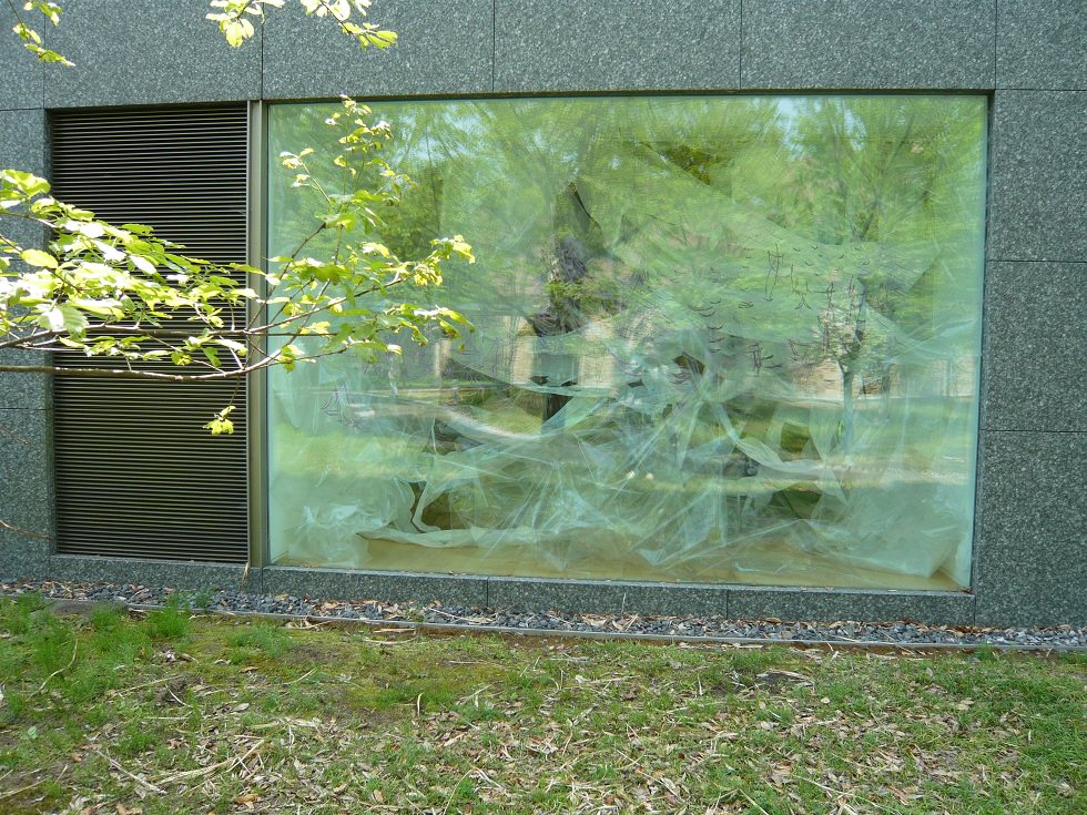 「てのひらをひらいて（この夜をおし上げていく光に名前はつけずに）」より部分 制作年：2012年／素材：コンテ、水彩絵の具、アクリル絵の具、油絵の具、オイルパステル、オイルスティック、紙、合成紙、銀紙、段ボール、木材／作品サイズ：630.0×633.3×540.0cm（会場サイズ）／展示場所：群馬県立館林美術館 作家撮影