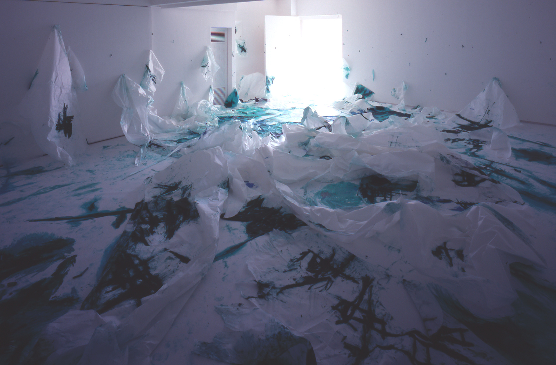 in the picture/ out of the picture 絵のなか/絵のそと 制作年：2004年／展示場所：art space kimura ASK?（東京）／作品サイズ：562×800×275cm（会場サイズ）／素材：和紙､オイルスティック､オイルパステル､スライドプロジェクター／撮影：柳場大